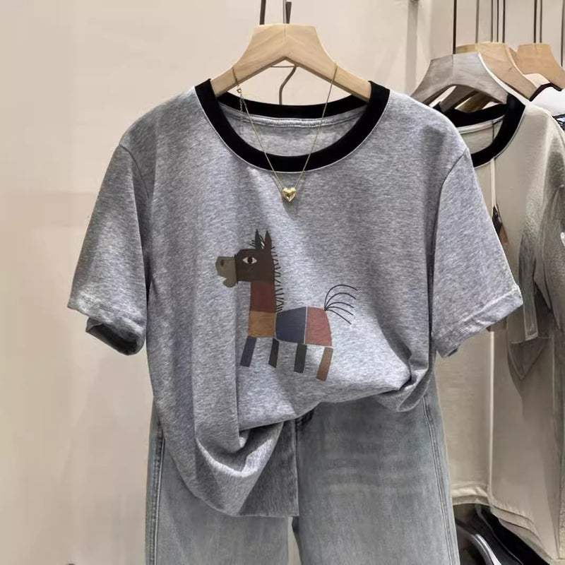 Cartoon Pony Print Pure Cotton Short-Sleeved T-Shirt for Women 2025 Summer New Breathable Contrasting Color Loose Age-Reducing Top - Image 4