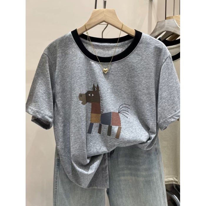 Cartoon Pony Print Pure Cotton Short-Sleeved T-Shirt for Women 2025 Summer New Breathable Contrasting Color Loose Age-Reducing Top - Image 1