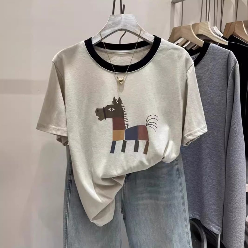Cartoon Pony Print Pure Cotton Short-Sleeved T-Shirt for Women 2025 Summer New Breathable Contrasting Color Loose Age-Reducing Top - Image 3