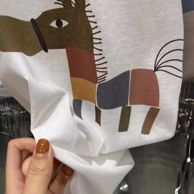 Cartoon Pony Print Pure Cotton Short-Sleeved T-Shirt for Women 2025 Summer New Breathable Contrasting Color Loose Age-Reducing Top - Image 5