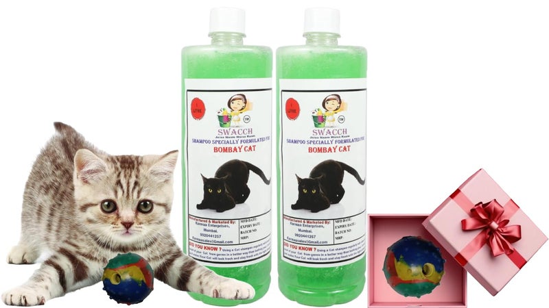 swacch Bombay Cat Shampoo + Rubber Musical Ball I Chew Playing Rubber Ball I Interactive Cat Toy Balls I Training & Play I Combo Pack I 1 Litre Pack of 2 Neem Alovera - Image 1