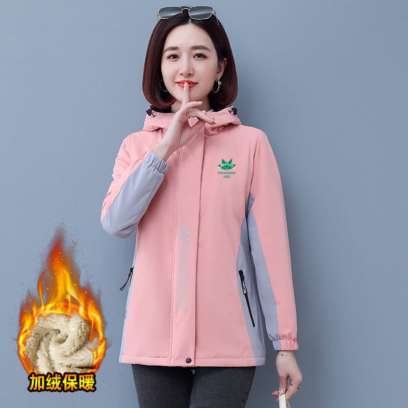 Lamb Velvet fleece-lined Thickened Warm Hooded Jacket Womens Autumn and Winter New Outdoor Contrast Windproof Zipper Shirt Pink 
