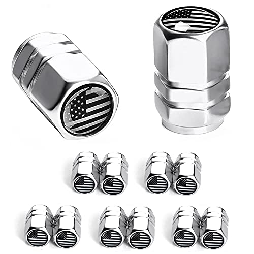 Dsycar 12 Pack Chrome American Flag Valve Stem Cap Aluminum Hexagon Design with Rubber Ring Universal fits Cars Trucks Motorcycles Bicycles Hexagon SilverAmerican Flag - Image 1