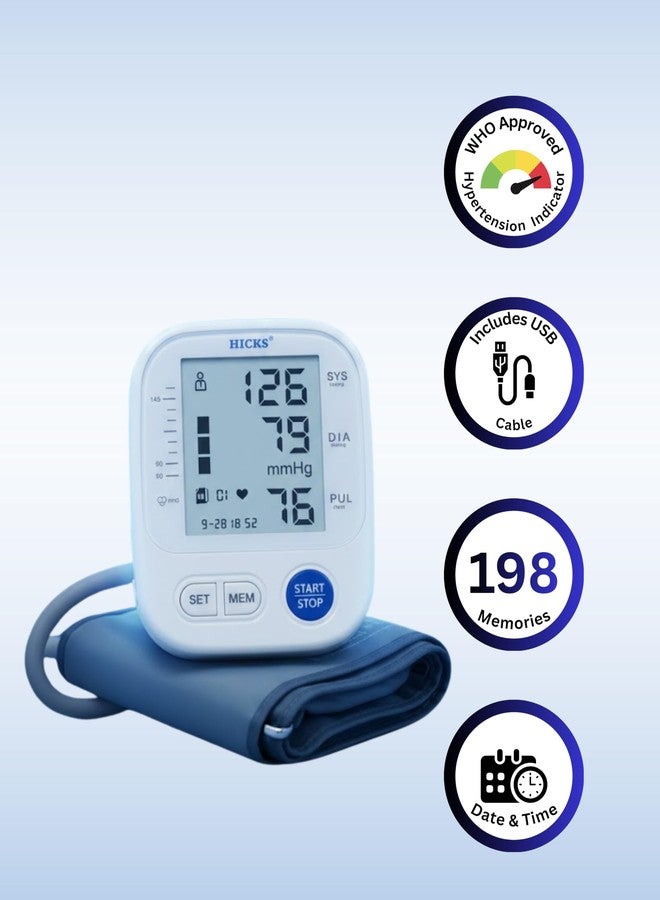 Hicks N-825 Digital Blood Pressure Monitor for Upper Arm | Powered With AAA Batteries Automatic | Heart Rate & Pulse Monitor (White) - Image 2