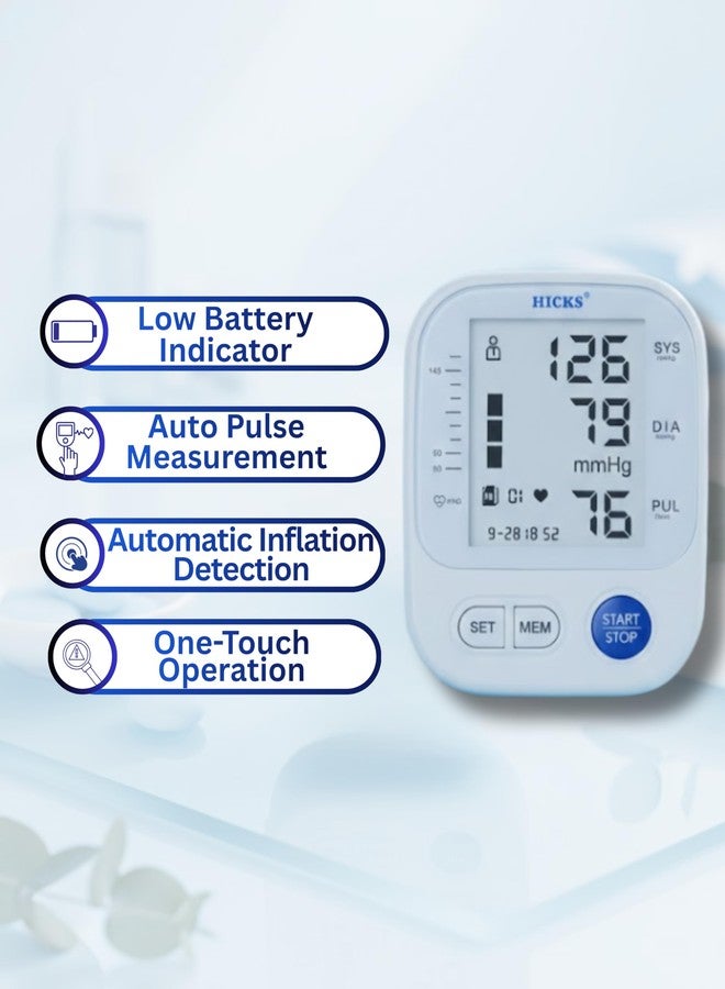 Hicks N-825 Digital Blood Pressure Monitor for Upper Arm | Powered With AAA Batteries Automatic | Heart Rate & Pulse Monitor (White) - Image 3