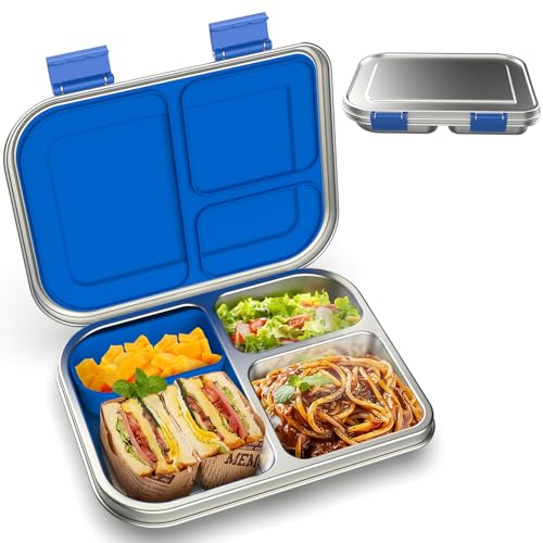 BOSEDSANG Stainless Steel Kids LeakResistant Bento Lunch Box 3Compartments with Silicone Container DishwasherSafe ChildFriendly Design for School Picnics TravelBPAFree Blue