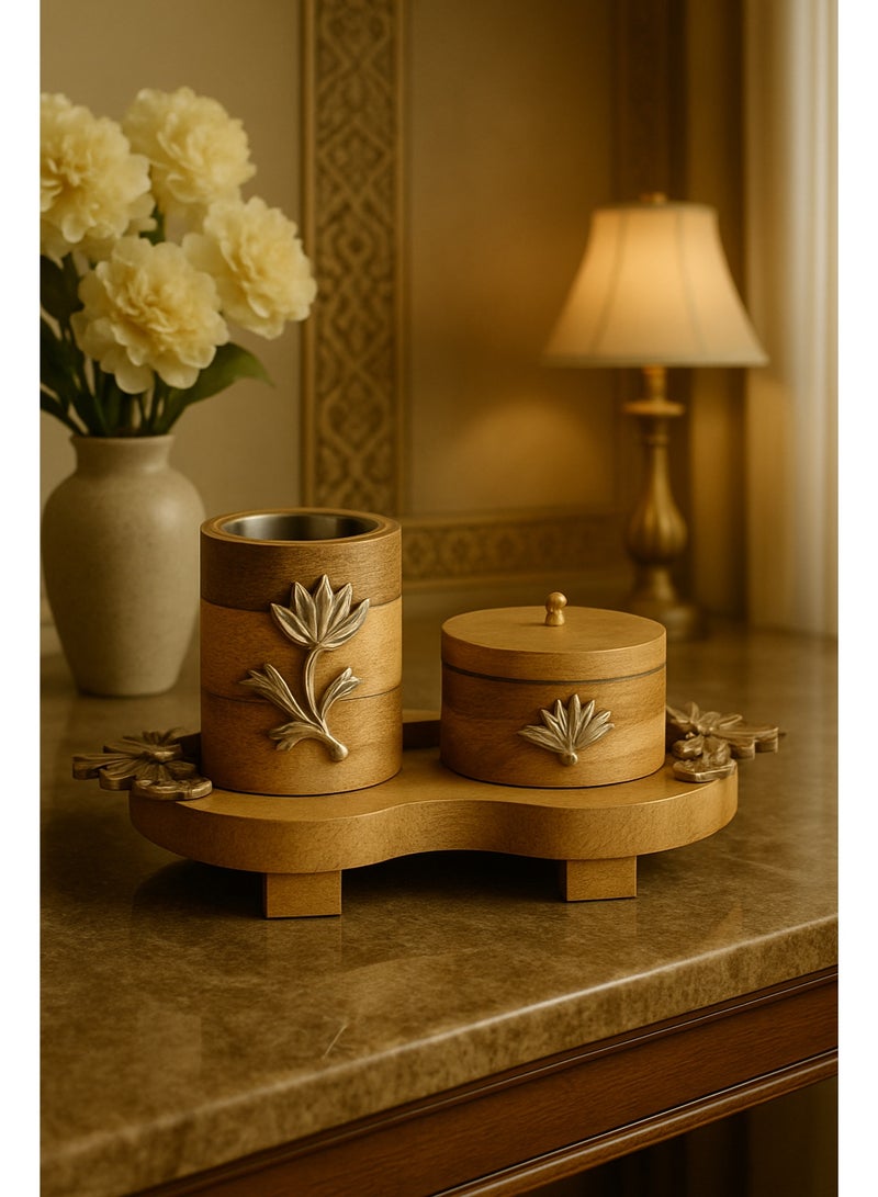 رومان جيفتس مجموعة مكونة من 3 حوامل عود بخور أنيقة من الخشب مع تطعيمات من الألومنيوم تضم المجموعة الفاخرة حامل صينية وحارق لتزيين المنزل أو الطاولات - Image 1