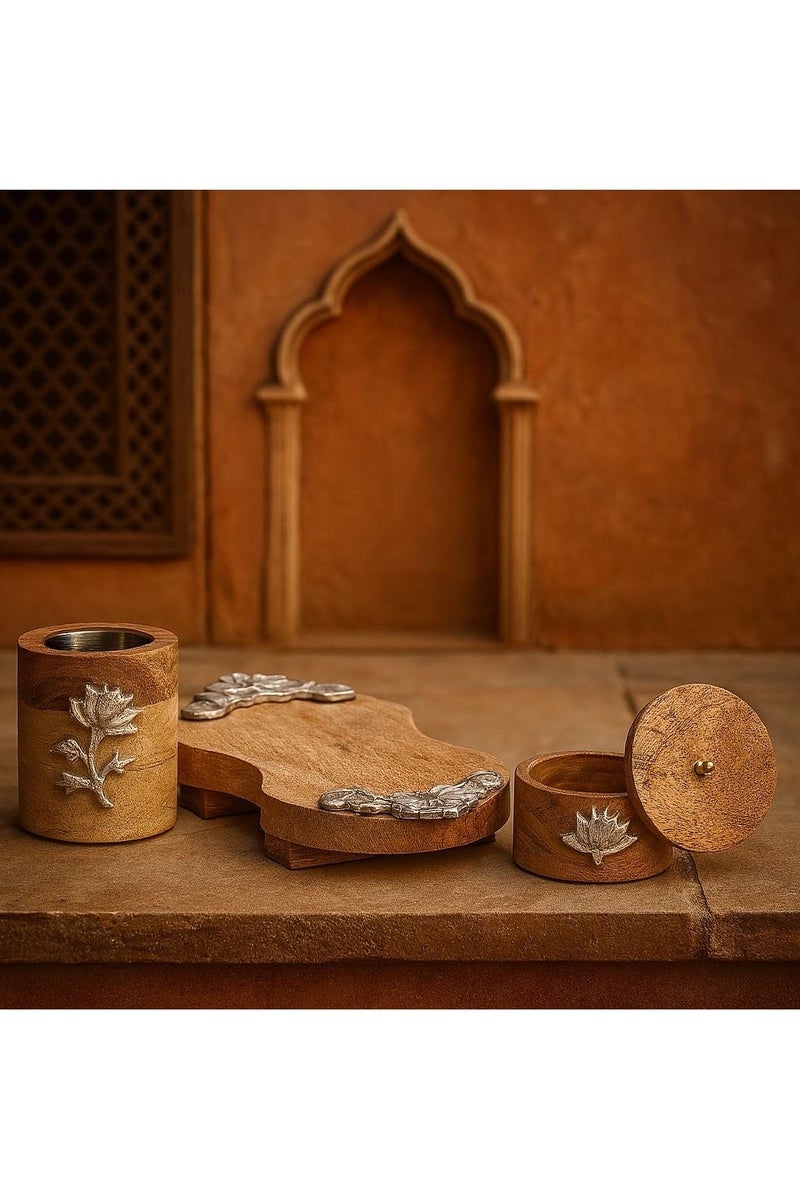 رومان جيفتس مجموعة مكونة من 3 حوامل عود بخور أنيقة من الخشب مع تطعيمات من الألومنيوم تضم المجموعة الفاخرة حامل صينية وحارق لتزيين المنزل أو الطاولات - Image 5