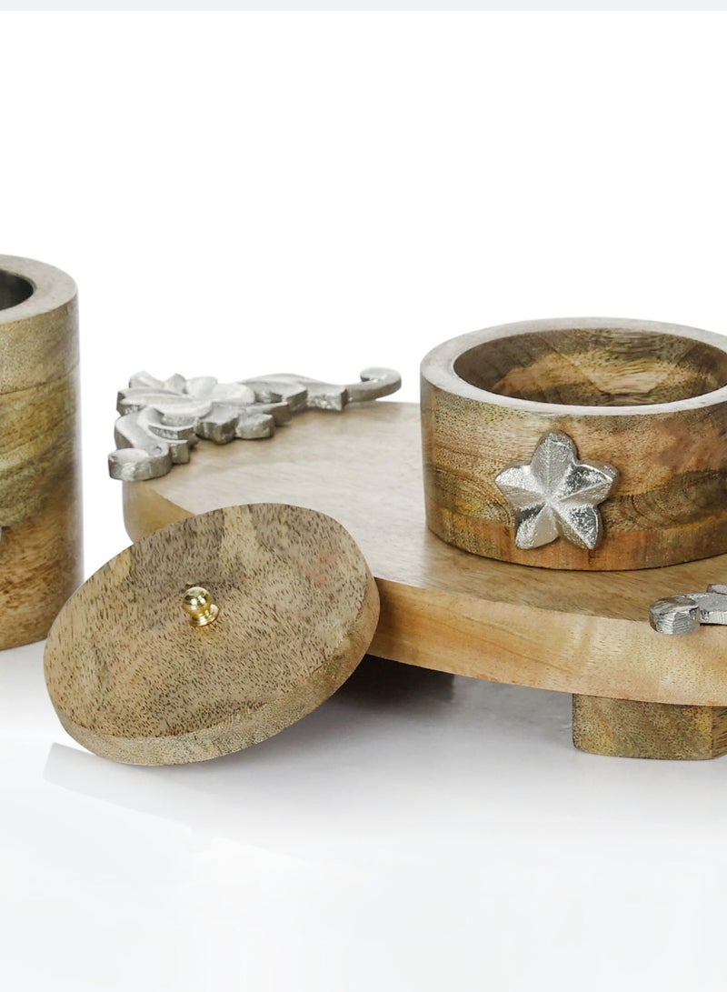 رومان جيفتس مجموعة مكونة من 3 حوامل عود بخور أنيقة من الخشب مع تطعيمات من الألومنيوم تضم المجموعة الفاخرة حامل صينية وحارق لتزيين المنزل أو الطاولات - Image 4