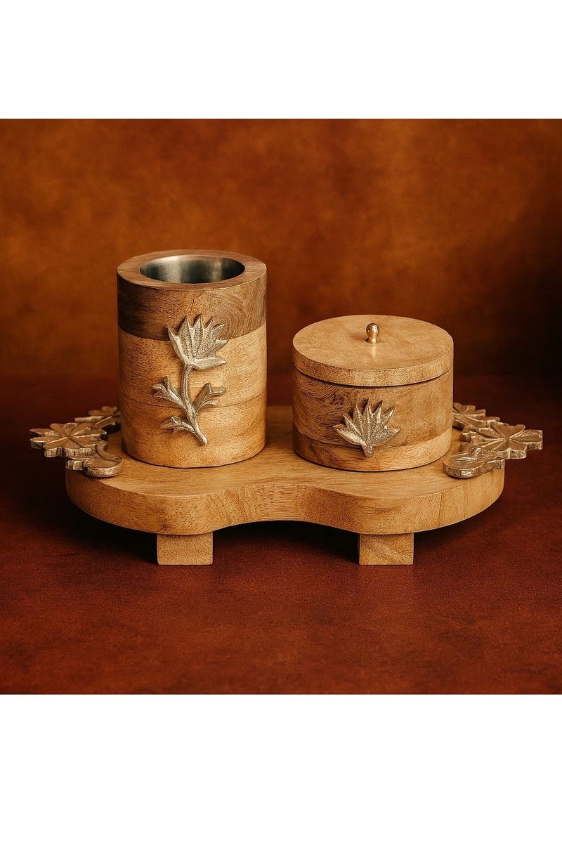 رومان جيفتس مجموعة مكونة من 3 حوامل عود بخور أنيقة من الخشب مع تطعيمات من الألومنيوم تضم المجموعة الفاخرة حامل صينية وحارق لتزيين المنزل أو الطاولات - Image 2