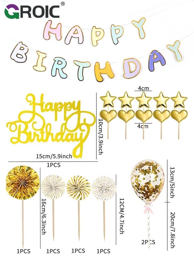 GROIC 18 Pcs Birthday Cake Set Happy Cupcake Letters Candles Toppers Confetti Balloon Stars Hearts Hat & Banner, Decoration Supplies (Gold) - Image 2
