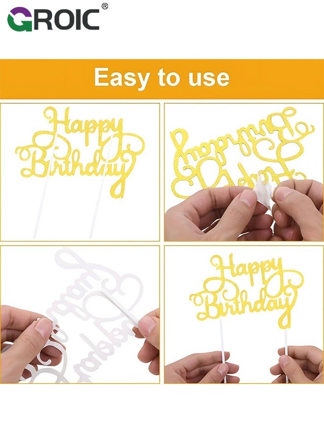 GROIC 18 Pcs Birthday Cake Set Happy Cupcake Letters Candles Toppers Confetti Balloon Stars Hearts Hat & Banner, Decoration Supplies (Gold) - Image 4