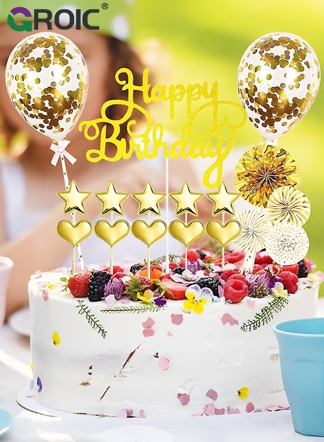 GROIC 18 Pcs Birthday Cake Set Happy Cupcake Letters Candles Toppers Confetti Balloon Stars Hearts Hat & Banner, Decoration Supplies (Gold) - Image 3