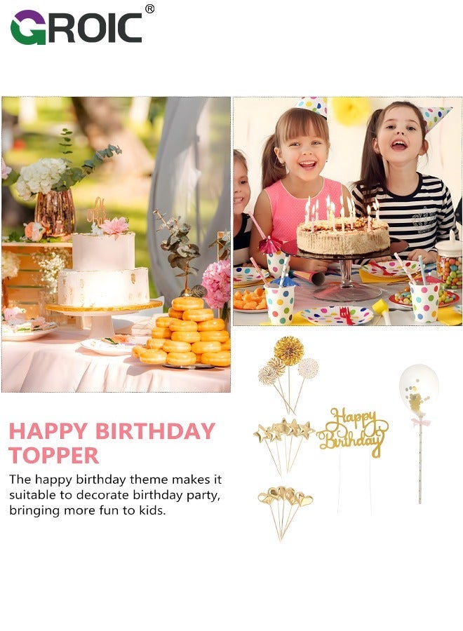 GROIC 18 Pcs Birthday Cake Set Happy Cupcake Letters Candles Toppers Confetti Balloon Stars Hearts Hat & Banner, Decoration Supplies (Gold) - Image 5