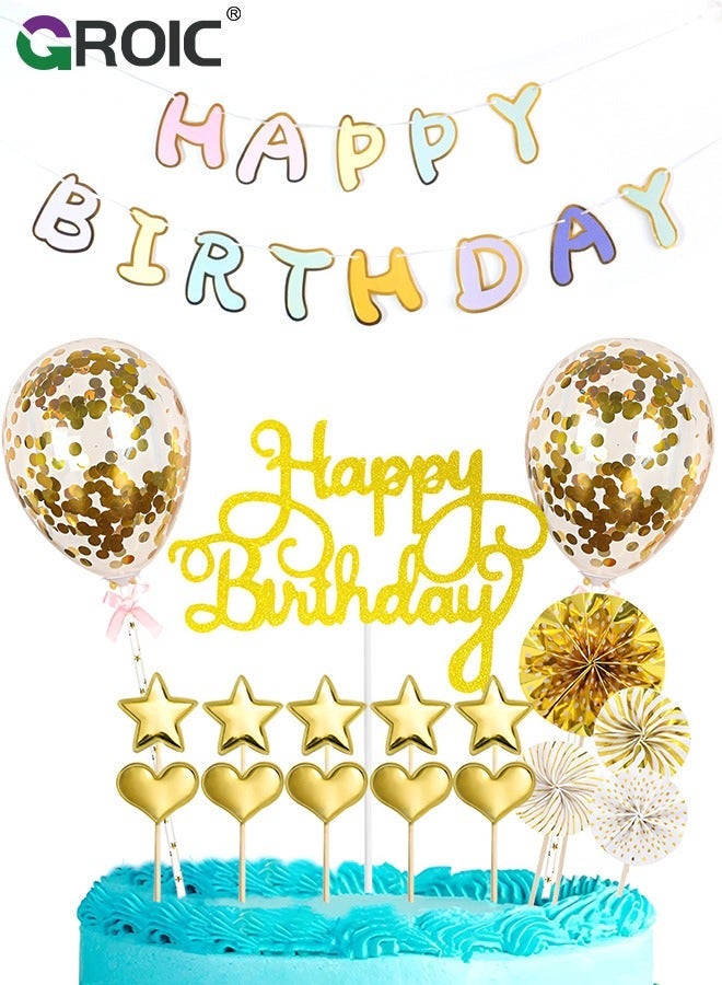 GROIC 18 Pcs Birthday Cake Set Happy Cupcake Letters Candles Toppers Confetti Balloon Stars Hearts Hat & Banner, Decoration Supplies (Gold) - Image 1