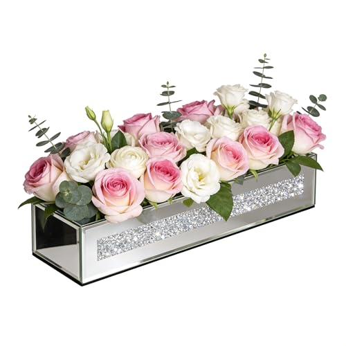blingworld Flower Vase Rectangular Crushed Diamond Mirrored Vases for Centerpiece, Luxury Flower Arrangement for Home Wedding Dining Table Decor, Silver - Image 1