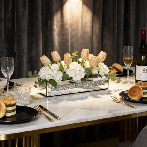 blingworld Flower Vase Rectangular Crushed Diamond Mirrored Vases for Centerpiece, Luxury Flower Arrangement for Home Wedding Dining Table Decor, Silver - Image 5