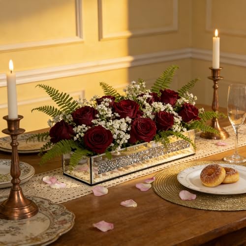 blingworld Flower Vase Rectangular Crushed Diamond Mirrored Vases for Centerpiece, Luxury Flower Arrangement for Home Wedding Dining Table Decor, Silver - Image 2