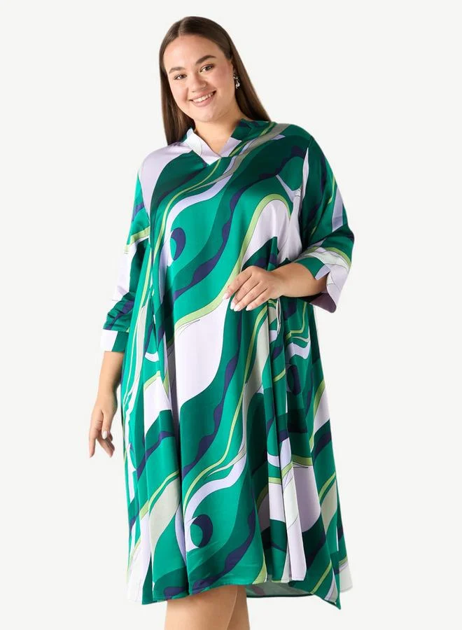 Ulla Popken Plus Size Ulla Popken Printed Dress with 3/4 Sleeves