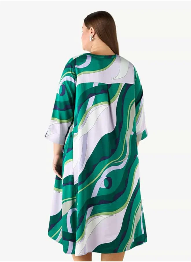 Ulla Popken Plus Size Ulla Popken Printed Dress with 3/4 Sleeves