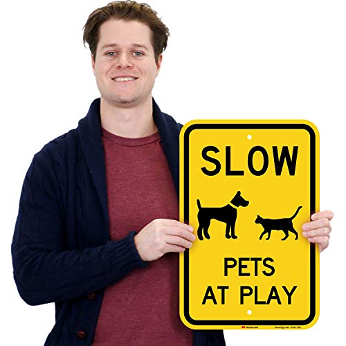 SmartSign - K-6641-HI-12x18 "Slow - Pets At Play" Sign | 12" x 18" 3M High Intensity Grade Reflective Aluminum Black on Yellow - Image 3