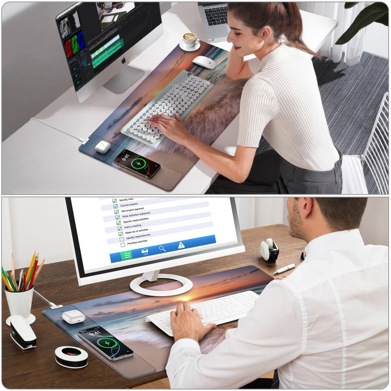 abc.mat Wireless Charging Mouse Pad, 31.5"x15.8" Large Gaming Desk Mat for Keyboard/Laptop, Waterproof Ultra-Smooth Surface, Non-Slip Base, Beach Sunset - Image 4