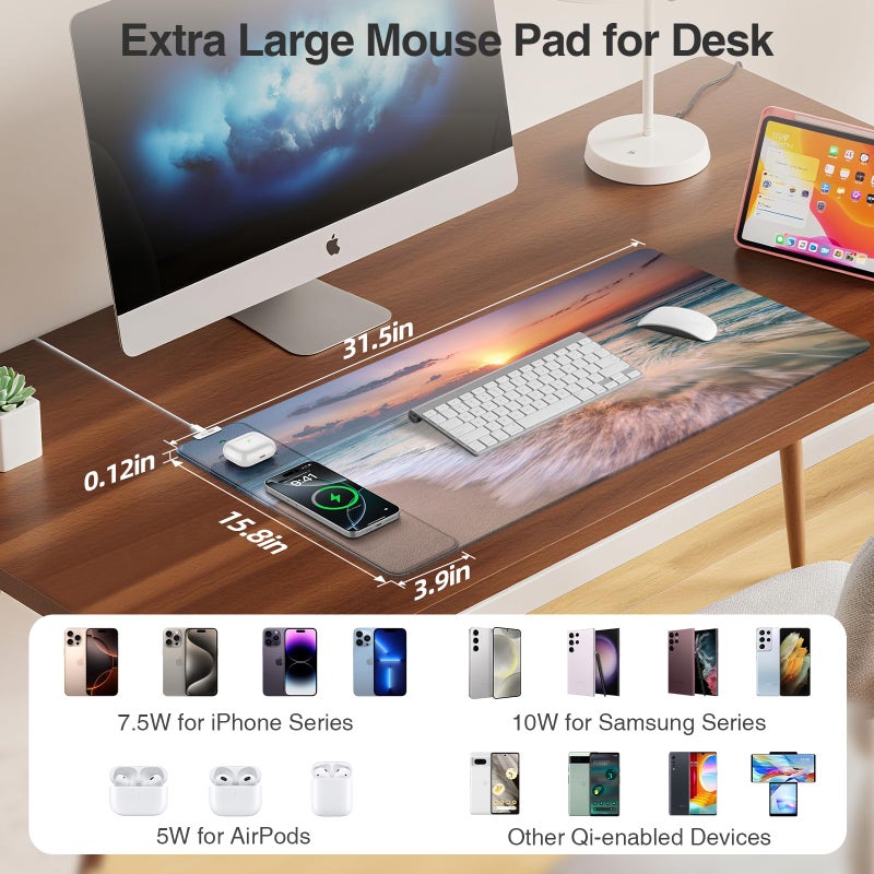 abc.mat Wireless Charging Mouse Pad, 31.5"x15.8" Large Gaming Desk Mat for Keyboard/Laptop, Waterproof Ultra-Smooth Surface, Non-Slip Base, Beach Sunset - Image 3