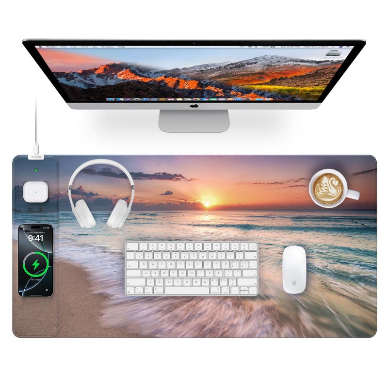 abc.mat Wireless Charging Mouse Pad, 31.5"x15.8" Large Gaming Desk Mat for Keyboard/Laptop, Waterproof Ultra-Smooth Surface, Non-Slip Base, Beach Sunset - Image 1