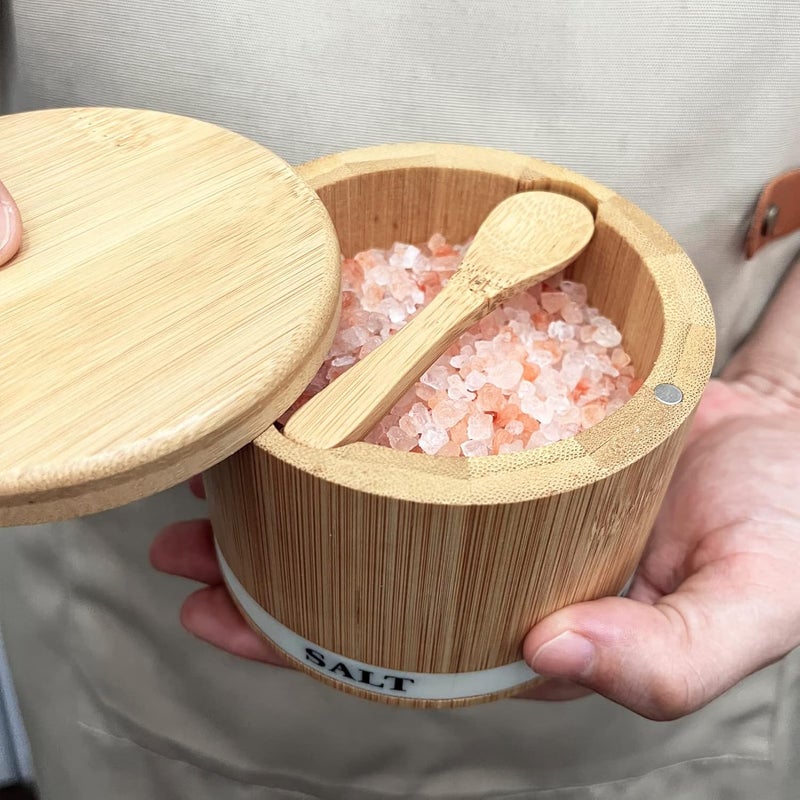 ThougrLyh Salt Box Bamboo Salt Container with Swivel Lid with Magnetic to Easily Open and Seal Salt Cellar With Spoon for Storing Salt Pepper Sugar Herbs Small Spice Box - Image 2