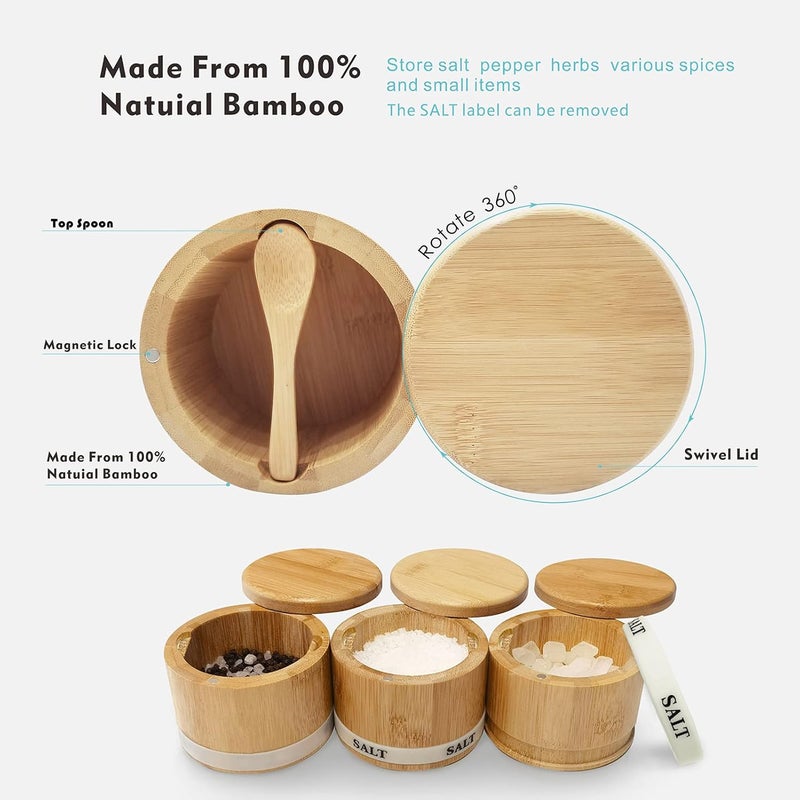 ThougrLyh Salt Box Bamboo Salt Container with Swivel Lid with Magnetic to Easily Open and Seal Salt Cellar With Spoon for Storing Salt Pepper Sugar Herbs Small Spice Box - Image 5