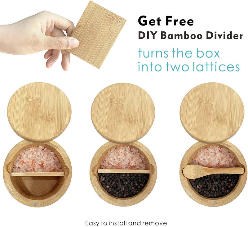 ThougrLyh Salt Box Bamboo Salt Container with Swivel Lid with Magnetic to Easily Open and Seal Salt Cellar With Spoon for Storing Salt Pepper Sugar Herbs Small Spice Box - Image 3