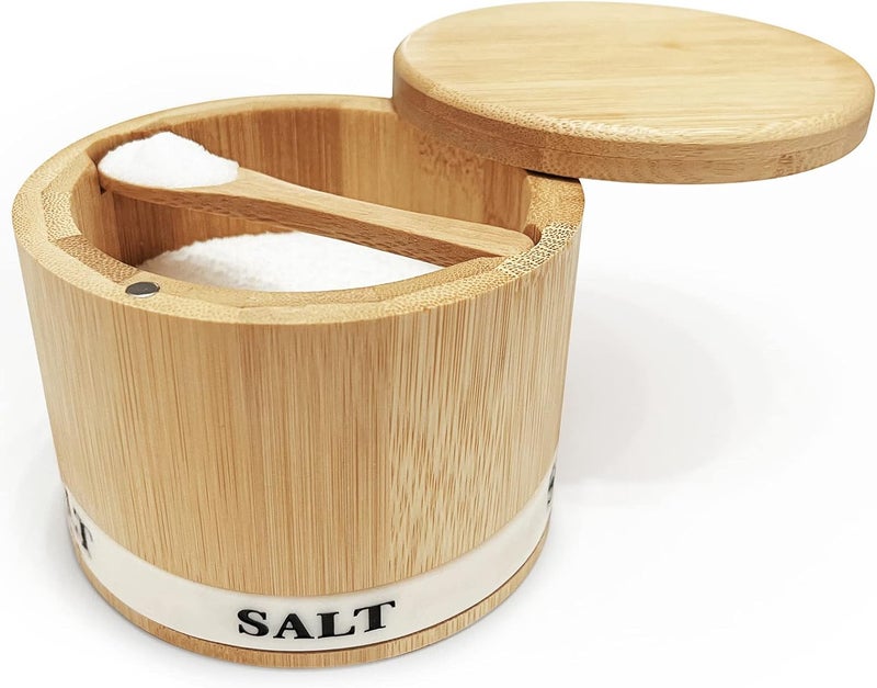 ThougrLyh Salt Box Bamboo Salt Container with Swivel Lid with Magnetic to Easily Open and Seal Salt Cellar With Spoon for Storing Salt Pepper Sugar Herbs Small Spice Box - Image 1