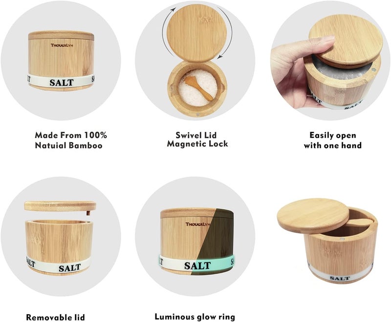 ThougrLyh Salt Box Bamboo Salt Container with Swivel Lid with Magnetic to Easily Open and Seal Salt Cellar With Spoon for Storing Salt Pepper Sugar Herbs Small Spice Box - Image 4