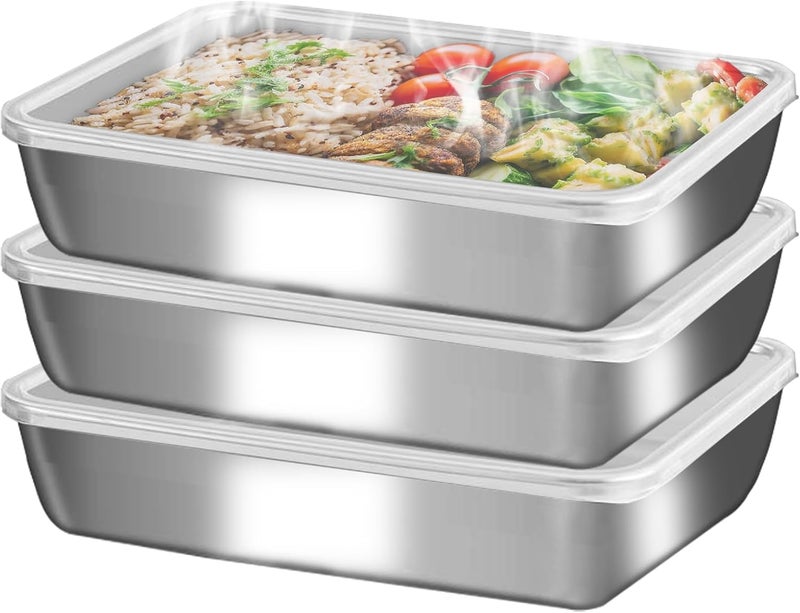 Azonee Stainless Steel Food Containers with Lids (3 Sets), Stackable Set for Freezer & Oven, Food-Grade Kitchen Storage With Clear Covers, Reusable & Dishwasher Safe - Image 1