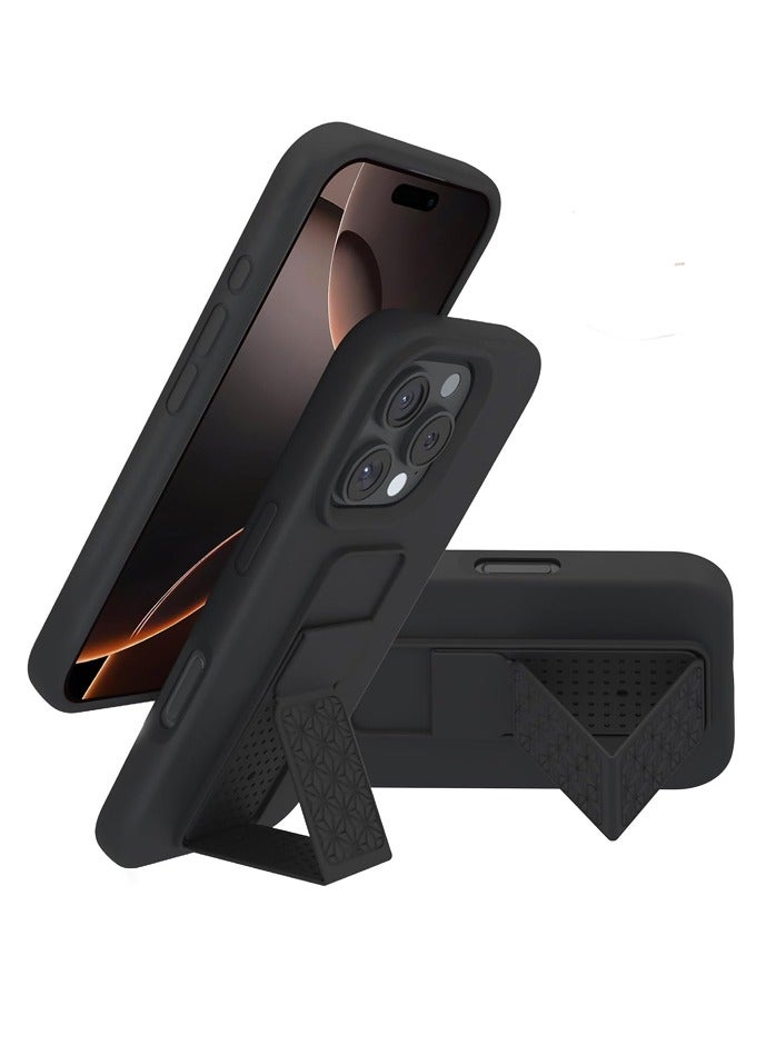 Silicone Kickstand Case Compatible with iPhone 16 Pro, Vertical and Horizontal Stand Hand Strap Metal Kickstand Cover - Image 1