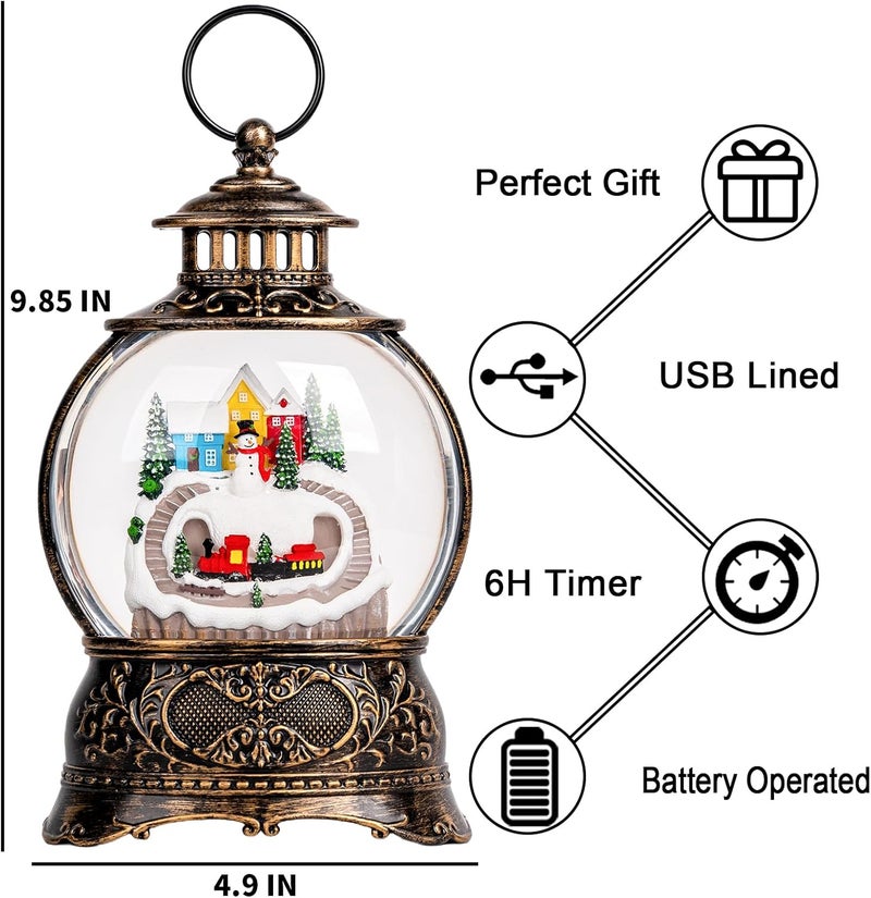MXwcy Christmas Village Snow Globe Lantern – LED Musical Swirling Glitter Water Globe, Snowy Village with Train, Battery or USB Powered, Auto Timer – Tabletop Decor & Gift - Image 2