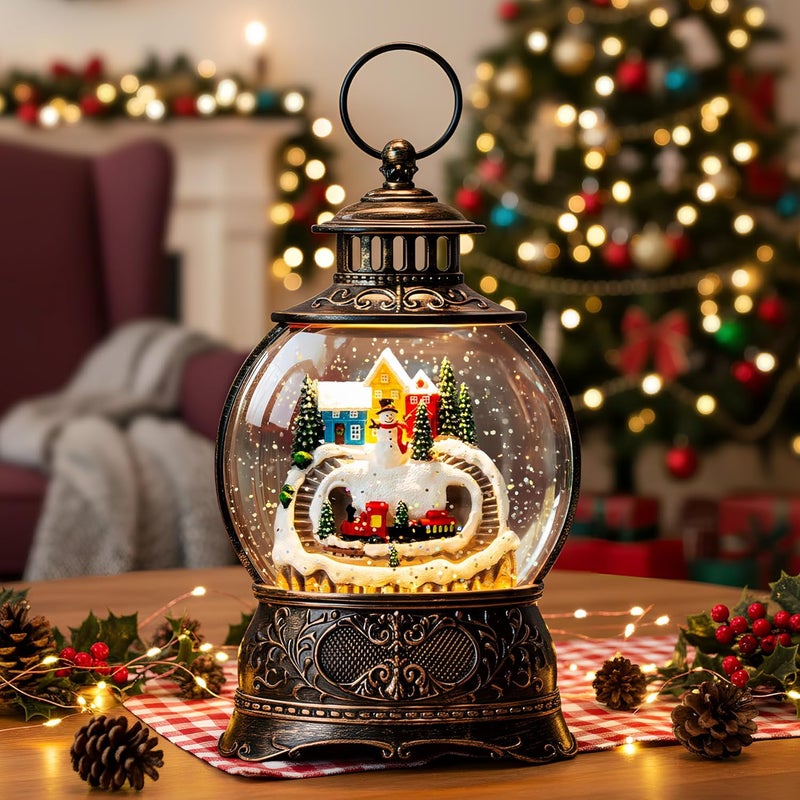 MXwcy Christmas Village Snow Globe Lantern – LED Musical Swirling Glitter Water Globe, Snowy Village with Train, Battery or USB Powered, Auto Timer – Tabletop Decor & Gift - Image 1