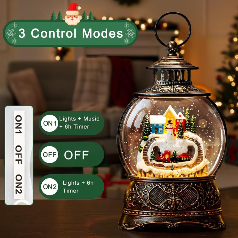 MXwcy Christmas Village Snow Globe Lantern – LED Musical Swirling Glitter Water Globe, Snowy Village with Train, Battery or USB Powered, Auto Timer – Tabletop Decor & Gift - Image 5