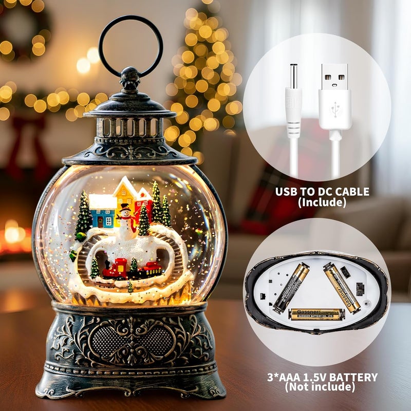 MXwcy Christmas Village Snow Globe Lantern – LED Musical Swirling Glitter Water Globe, Snowy Village with Train, Battery or USB Powered, Auto Timer – Tabletop Decor & Gift - Image 4