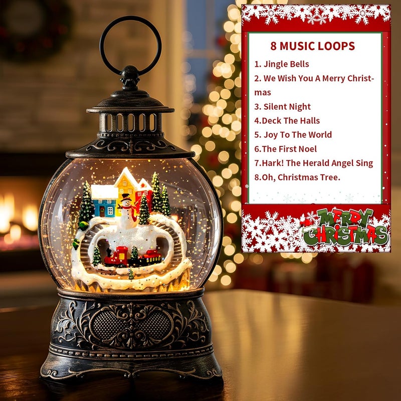 MXwcy Christmas Village Snow Globe Lantern – LED Musical Swirling Glitter Water Globe, Snowy Village with Train, Battery or USB Powered, Auto Timer – Tabletop Decor & Gift - Image 3
