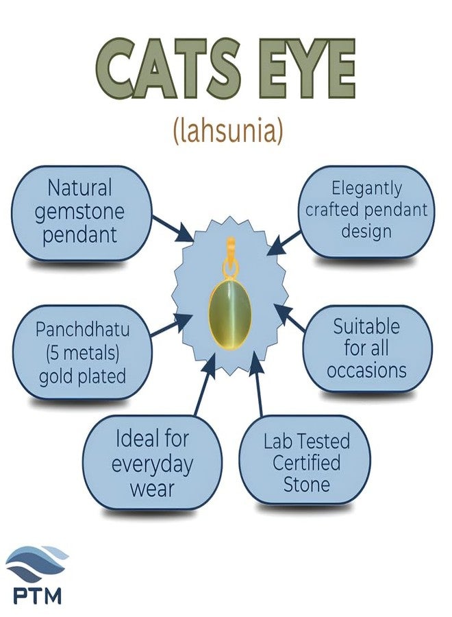 Ptm Natural Cats Eye/Lahsunia 4.25 Ratti or 4 Carat Astrological Certified Gemstone Panchdhatu/5 Metals 22k Gold Plated Pendant for Men & Women -fba3425 - Image 3