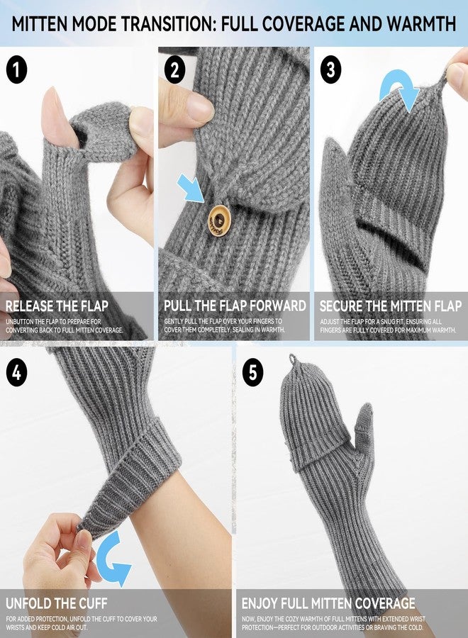 Cierto Winter Gloves for Women & Men | Convertible Fingerless Gloves for Cold Weather,Womens Warm Knit Mittens…, Grey, One size - Image 4