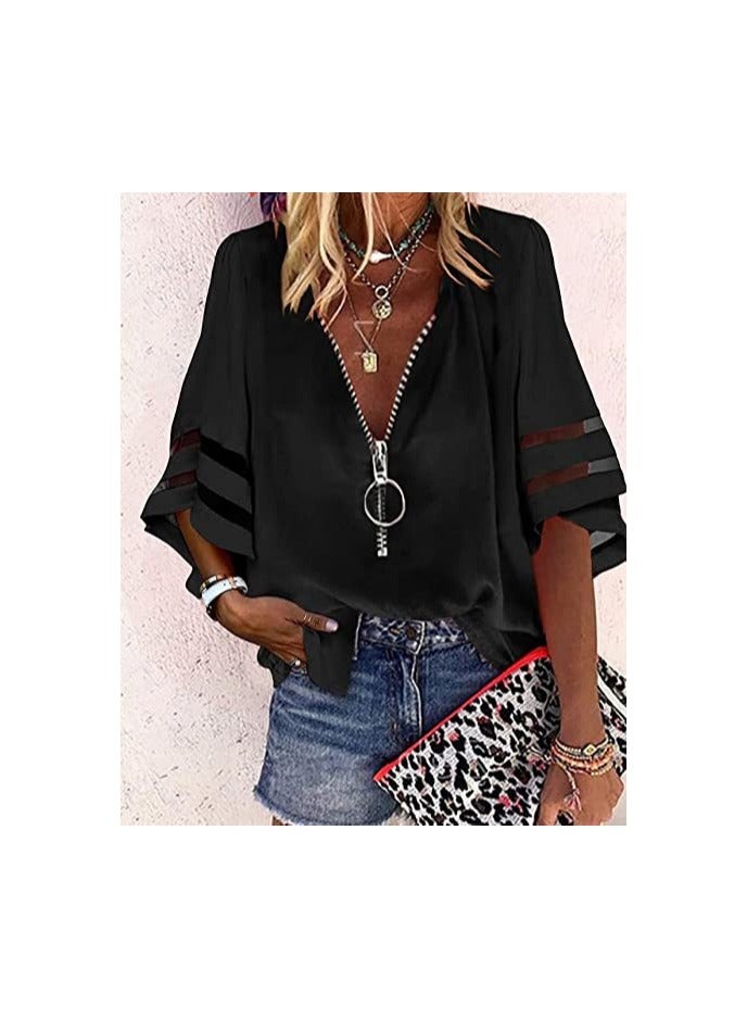Shougu New V-neck Zipper Shirt Loose Casual Shirt For Women  - Image 1