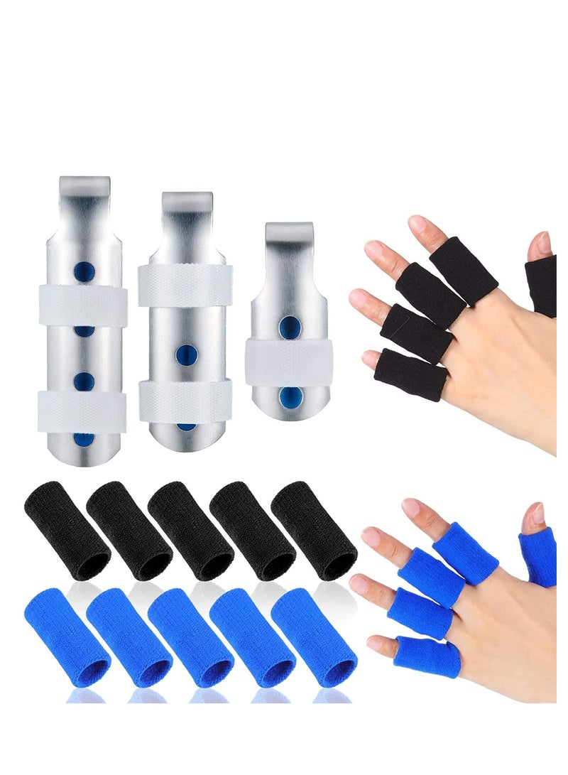 SYOSI 3Pieces Finger Splints, Metal Finger Support Finger Stabilizer in 3 Sizes and 20 Pieces Finger Sleeves Protectors Thumb Brace Support Elastic Compression Protector for Sports - Image 1