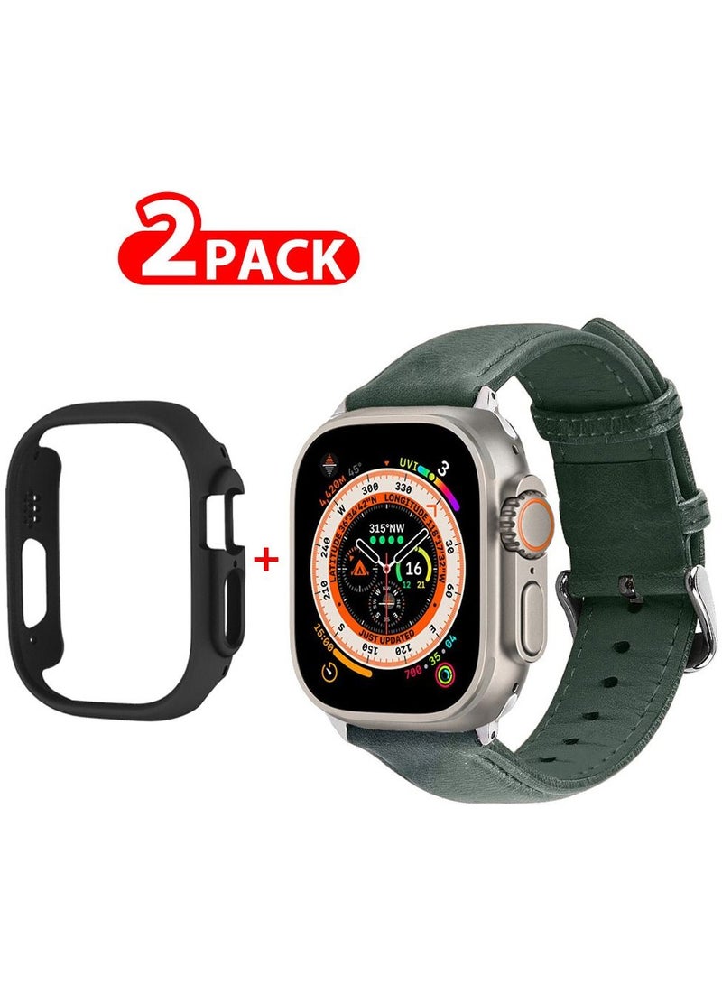CATANES 2 Packs For Apple Watch Band 49mm Leather Band Buckle Strap Wristband and Black Cup Holder Dark Green - Image 1