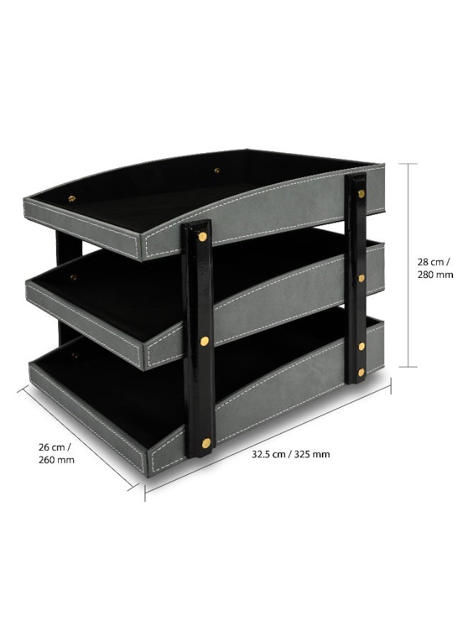 FIS Office Document Tray, 3 Tier/3 Layers Tray, German Bonded Leather Materials, Size: 325x260x280mm, Stitched Cover, Suitable up to A4 Documents, Grey Color-FSDSOT3TBLGY - Image 4
