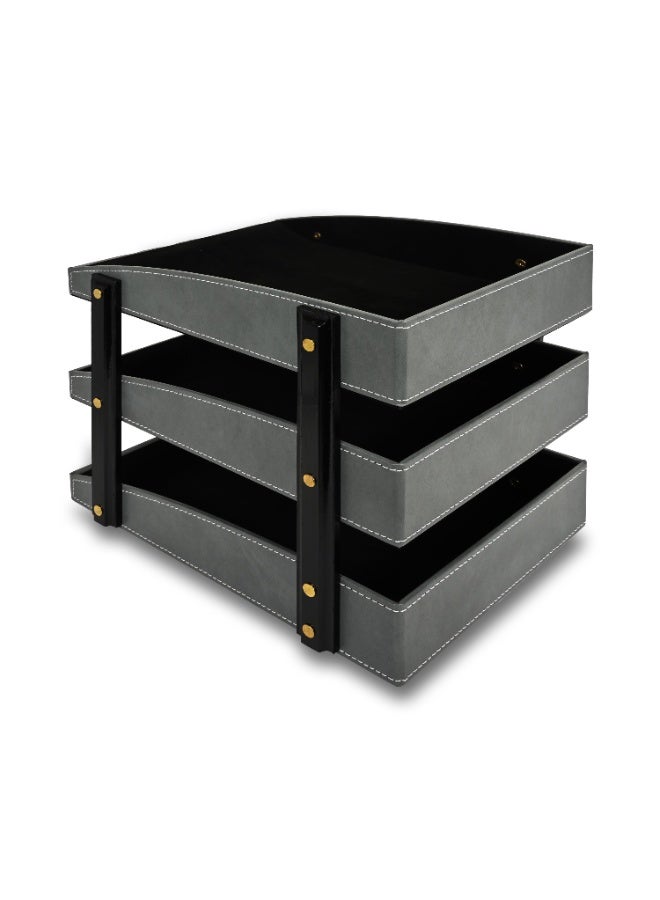 FIS Office Document Tray, 3 Tier/3 Layers Tray, German Bonded Leather Materials, Size: 325x260x280mm, Stitched Cover, Suitable up to A4 Documents, Grey Color-FSDSOT3TBLGY - Image 3