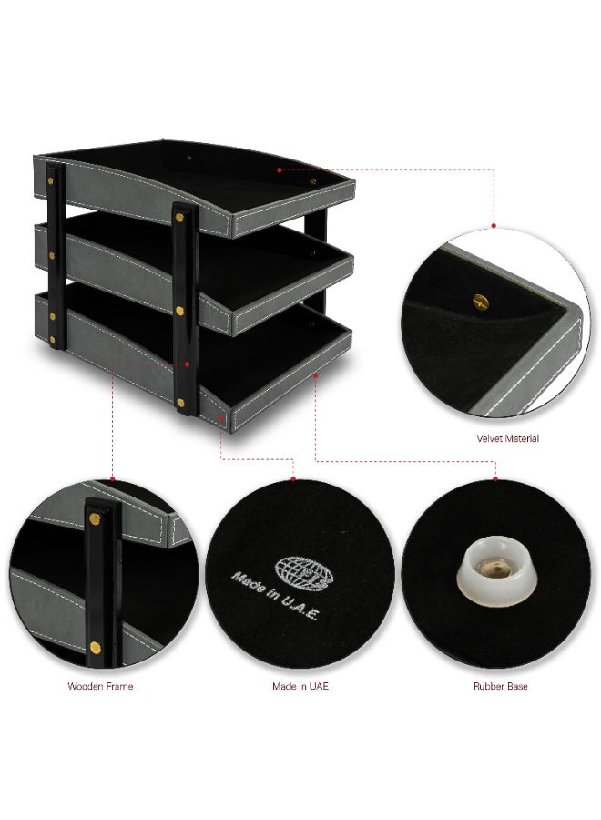 FIS Office Document Tray, 3 Tier/3 Layers Tray, German Bonded Leather Materials, Size: 325x260x280mm, Stitched Cover, Suitable up to A4 Documents, Grey Color-FSDSOT3TBLGY - Image 5