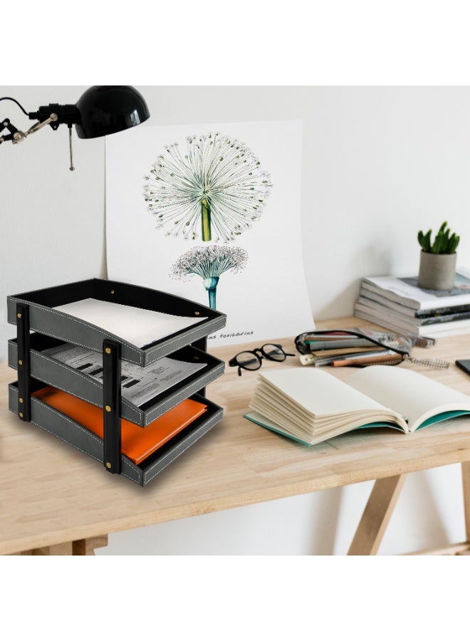 FIS Office Document Tray, 3 Tier/3 Layers Tray, German Bonded Leather Materials, Size: 325x260x280mm, Stitched Cover, Suitable up to A4 Documents, Grey Color-FSDSOT3TBLGY - Image 1