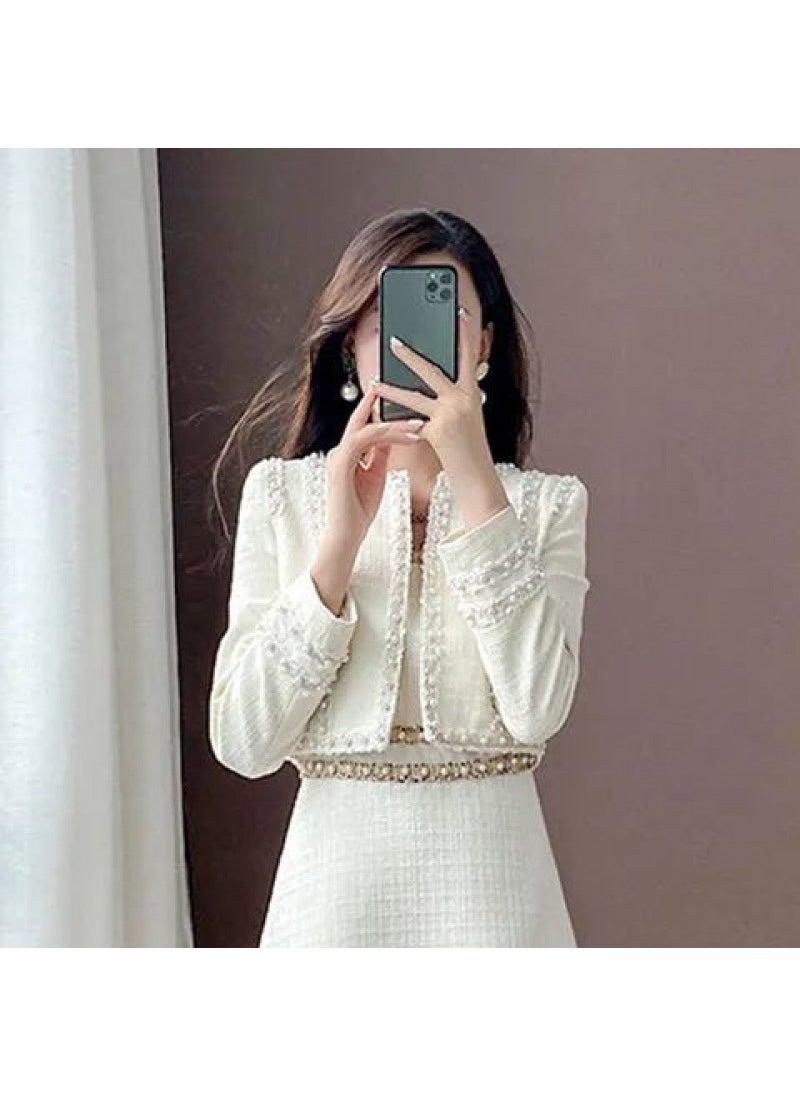 Generic New Tweed Style Long Sleeve Jacket Scarf Womens Fashionable Age-reducing 2-piece Set Sensible Design Sleeveless Dress Single coat 